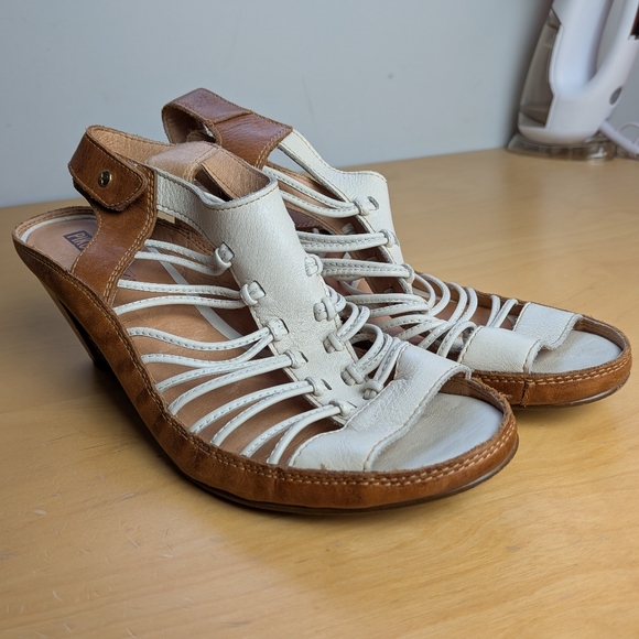 PIKOLINOS Women Heel Sandals Leather White Tan Size 40 = 9 US Velcro Closure - Picture 4 of 13
